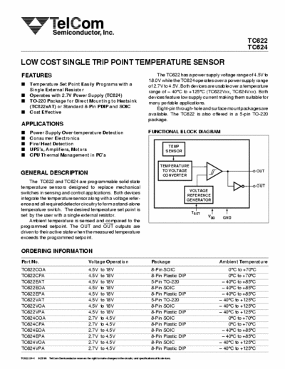 Telcom Semiconductor inc. TC622, TC624 LOW COST SINGLE TRIP POINT TEMPERATURE SENSOR